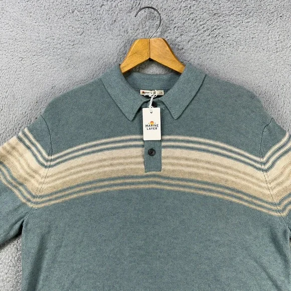 Marine Layer Merino Wool Blend Elias Sweater Polo Men Large Blue Casual Knit NEW